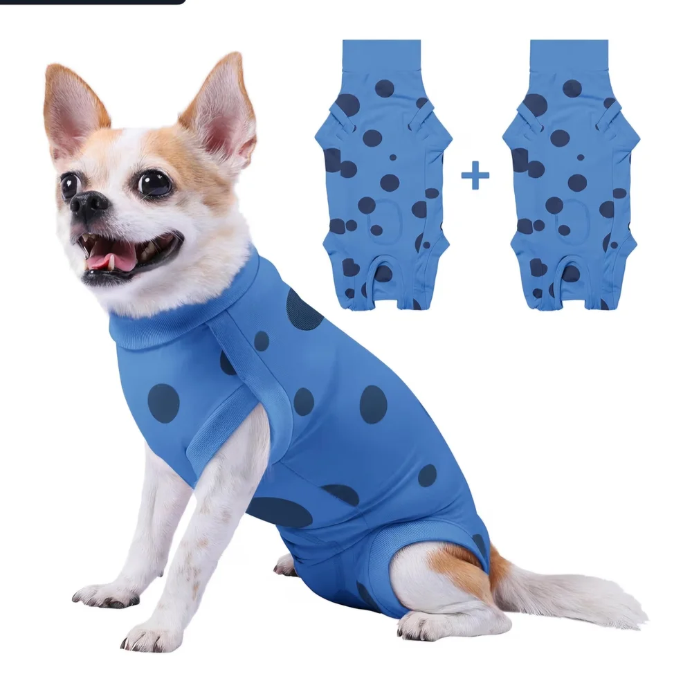 Conwish-2 Pk Recovery Suit Blue Polka Dot Dog Bodysuit After Surgery Sz XXS